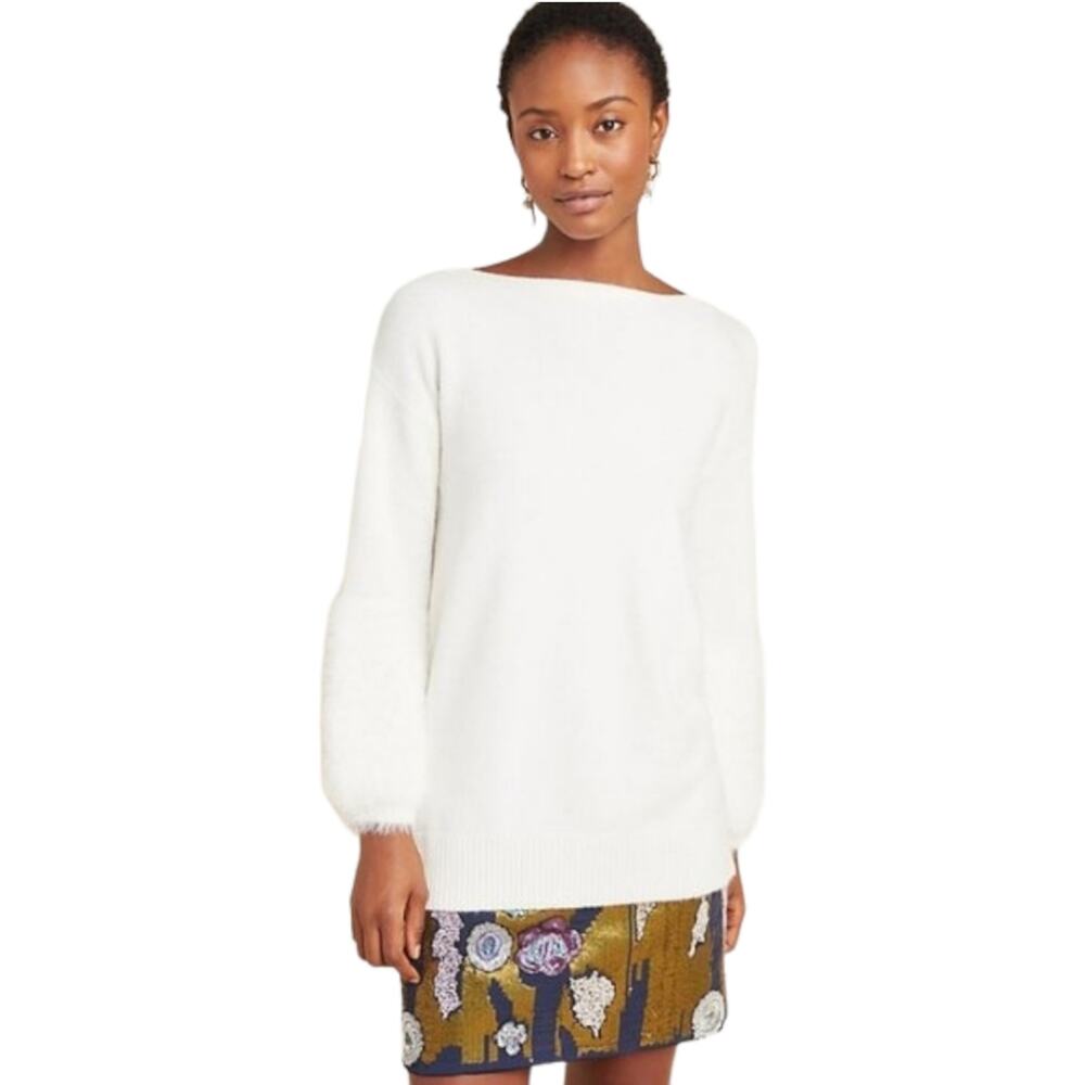 Anthropologie Colma Tunic Sweater with Eyelash Cuffs in White Size S